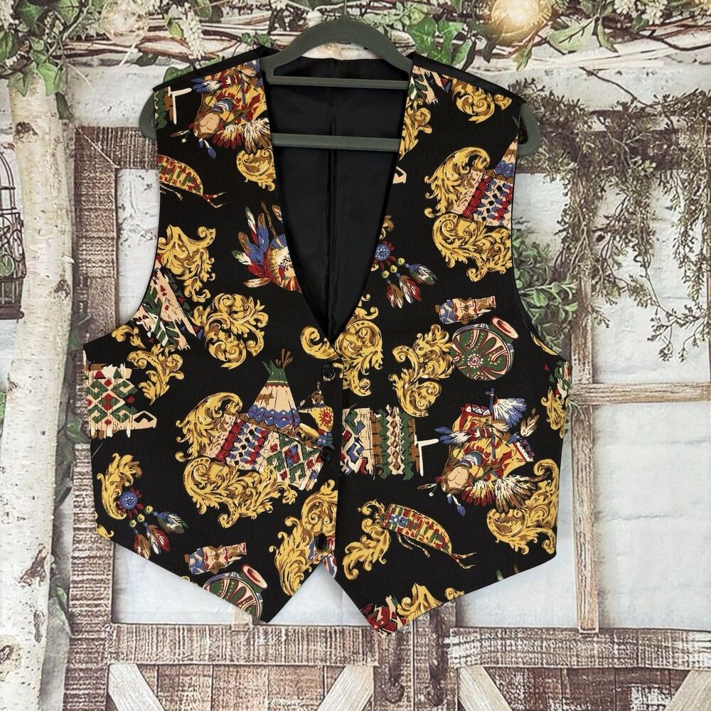 Vtg Tapestry 90s Western Black Vest Gold Scroll Native American inspired look